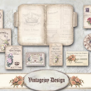 May include: Vintage style scrapbook paper with floral designs and text. The paper features a variety of floral patterns, including roses, daisies, and other wildflowers. The text includes the words "Crown Diamonds", "Gottschalk", "Visit", "Young Clerks", "Penmanship", "Cide Agetuque", "Glad Payraud", "Wen Cross", "IB Borrie", and "Vintagejoy Design".