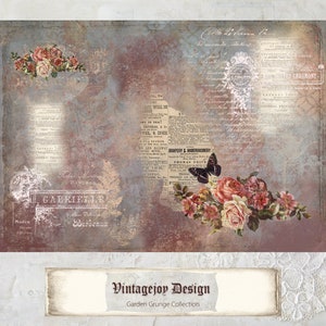 May include: A digital paper background with a vintage aesthetic. The background features a distressed, textured surface with faded text and a floral design. The floral design includes pink roses, green leaves, and a black butterfly. The text includes the words "GABRIEL" and "DRAFERY & HABERDASHERY". The background is in shades of blue, pink, and brown.