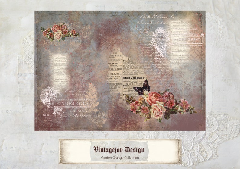 May include: A digital paper background with a vintage aesthetic. The background features a distressed, textured surface with faded text and a floral design. The floral design includes pink roses, green leaves, and a black butterfly. The text includes the words "GABRIEL" and "DRAFERY & HABERDASHERY". The background is in shades of blue, pink, and brown.