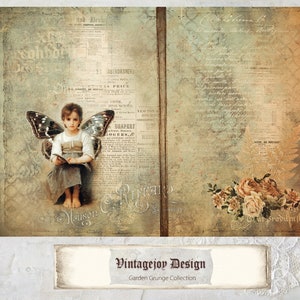 May include: A vintage-style journal cover with a faded background and a young girl with butterfly wings reading a book. The cover features a newspaper print with text and a floral design with roses.