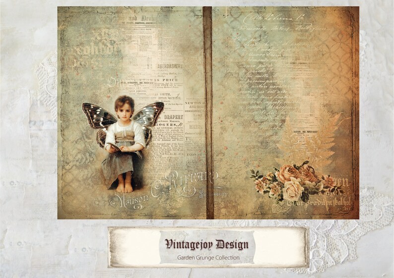 May include: A vintage-style journal cover with a faded background and a young girl with butterfly wings reading a book. The cover features a newspaper print with text and a floral design with roses.