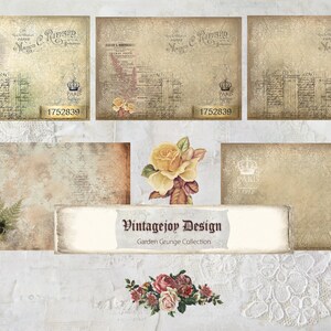 May include: A set of six vintage-style digital paper backgrounds featuring floral designs, text, and a crown with the words "Paris 1752". The papers are in shades of beige, brown, and cream with a distressed, grunge look. The text on the papers reads "Vintagejoy Design Garden Grunge Collection".