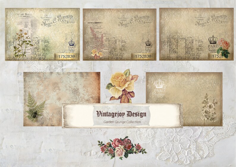 May include: A set of six vintage-style digital paper backgrounds featuring floral designs, text, and a crown with the words "Paris 1752". The papers are in shades of beige, brown, and cream with a distressed, grunge look. The text on the papers reads "Vintagejoy Design Garden Grunge Collection".