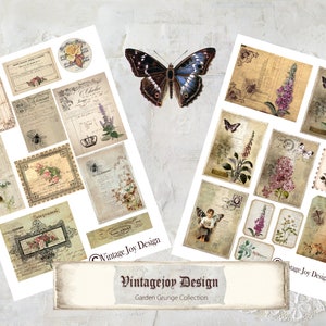 May include: Two sheets of vintage style digital paper with floral and butterfly designs. The paper features a grunge aesthetic with faded colors and textures. The text "Vintage Joy Design" appears on both sheets.