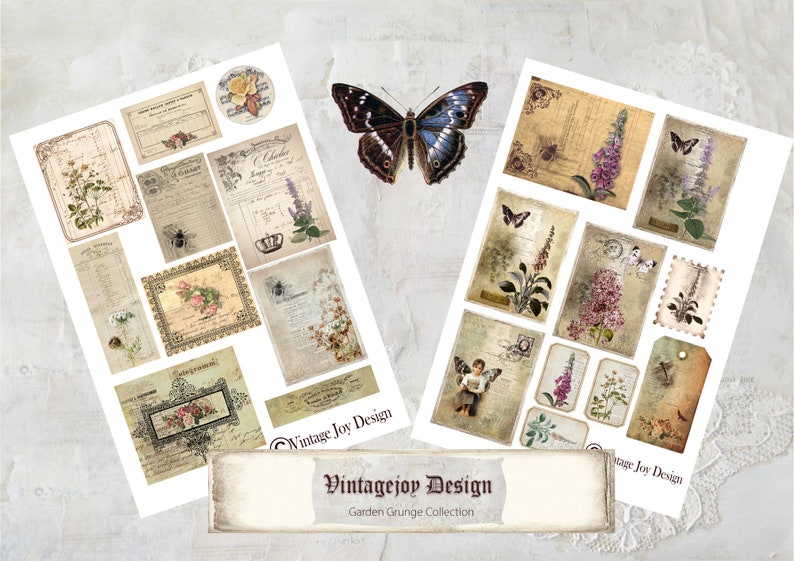 May include: Two sheets of vintage style digital paper with floral and butterfly designs. The paper features a grunge aesthetic with faded colors and textures. The text "Vintage Joy Design" appears on both sheets.