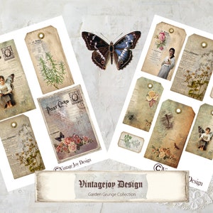 May include: A set of 10 vintage-style printable tags featuring images of flowers, butterflies, fairies, and text. The tags are designed in a grunge style with a distressed, aged look. The text on the tags includes "Post Card" and "Vintage Joy Design".