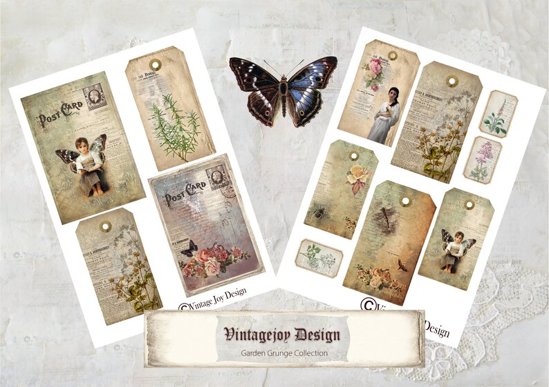 May include: A set of 10 vintage-style printable tags featuring images of flowers, butterflies, fairies, and text. The tags are designed in a grunge style with a distressed, aged look. The text on the tags includes "Post Card" and "Vintage Joy Design".
