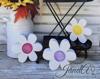 Handcrafted Chunky Wooden Daisies/Charming Shelf, Tray, or Mantle Decor/ Girls Bedroom Decor