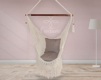 Boho Large Cotton Hammock Chair with Fringe crochet detail for Indoor and outdoor