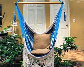 Navy, Sky blue and Beige Cotton Hammock Chair with crochet fringe for outdoor and indoor