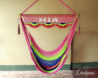 Personalized Hammock Swing Chair with handwoven crochet name in the wooden spreader bar