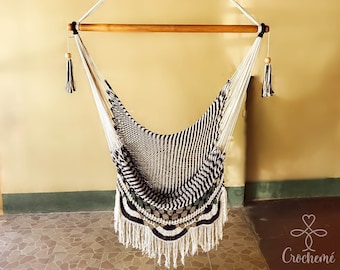 Zebra Black and Beige Hammock Swing chair with crochet fringes