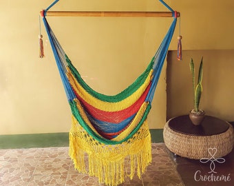 Large Cotton Hammock Chair, Yellow, blue and red swing chair with boho fringe detail, indoor and outdoor