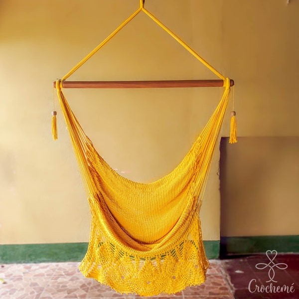 Large Handwoven Cotton Yellow Hammock Swing Chair with Luxury Crochet Fringe