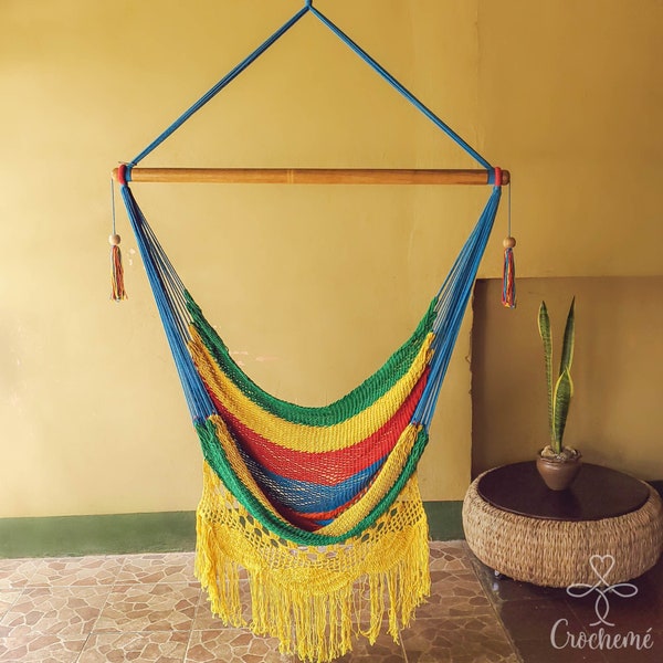 Large Cotton Hammock Chair, Yellow, blue and red swing chair with boho fringe detail, indoor and outdoor