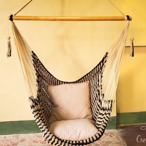 Large Cotton Black and Khaki Hammock Swing Chair for Indoor and Outdoor Spaces, Reading Chair