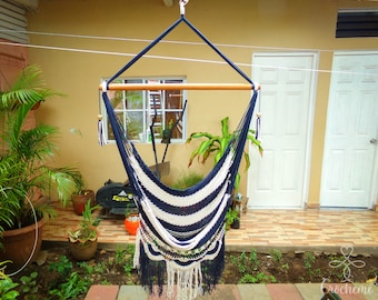 Cotton Hammock Chair, Navy and white swing with crochet fringe details, boho style