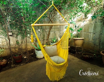 Large Yellow Cotton Swing Chair with Crochet Fringe detail for Indoor and outdoor spaces