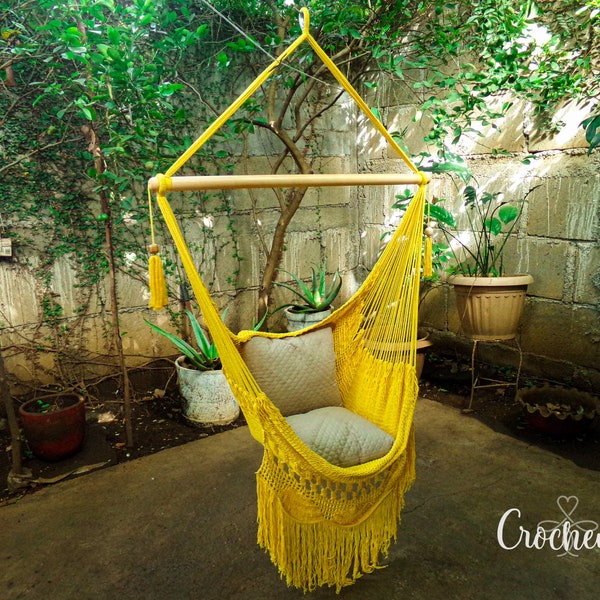 Large Yellow Cotton Swing Chair with Crochet Fringe detail for Indoor and outdoor spaces