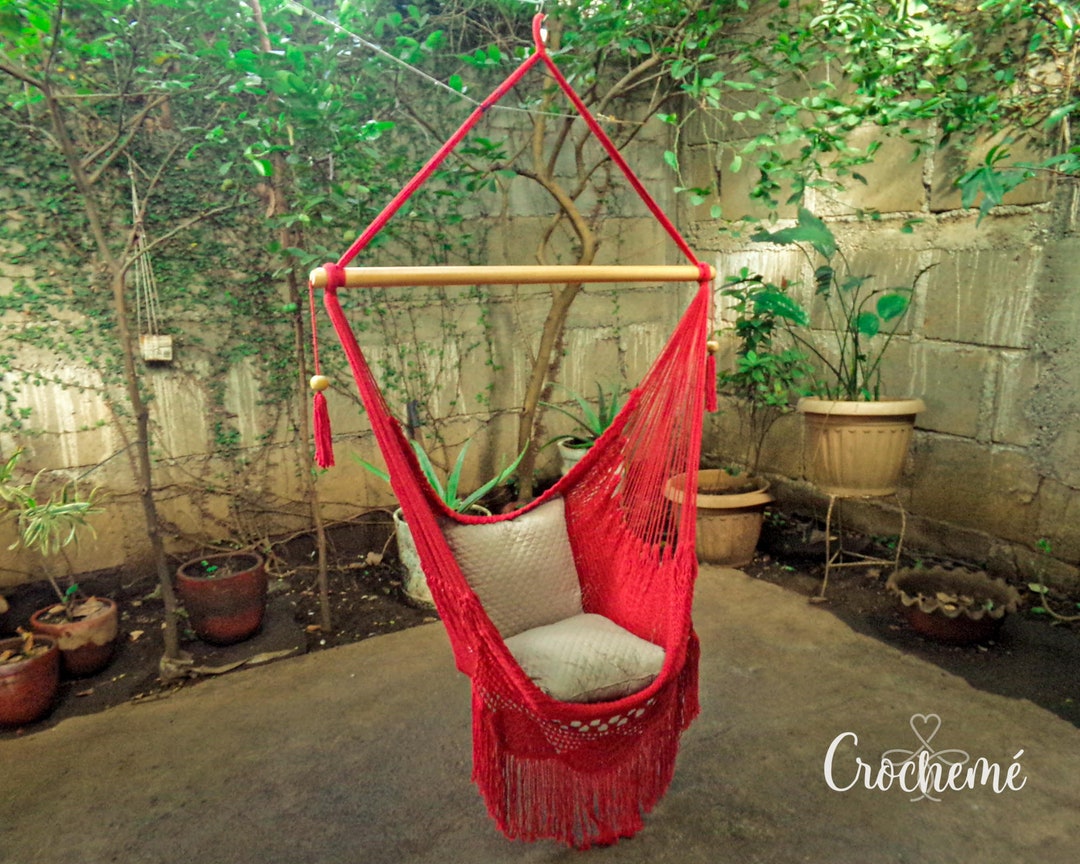 Red Large Hammock Chair With Crochet Fringes and Wooden Etsy
