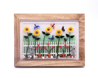 Sunflower Fields Framed Glass Art!  5 x 7 Rustic Brown Frame.  Art For Small Spaces!