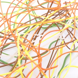 May include: A collection of thin, flexible plastic strands in various colors including orange, yellow, brown, green, and translucent white. The strands are tangled together in a chaotic, overlapping pattern, creating a dense, multi-colored web.