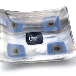 Fused Glass Trinket Dish, Gray, Blue, and White Squares Design