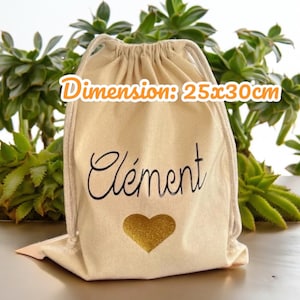 Personalized cotton drawstring bag – Black flocked first name and gold heart – Practical accessory 25x30 cm – Unique gift