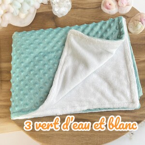 Douillette Couverture Bébé en Bambou et Minky Plusieurs Coloris Taille 75 cm sur 1 mètre personnalisation possible 3 VERT D EAU/BLANC