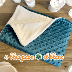 Douillette Couverture Bébé en Bambou et Minky Plusieurs Coloris Taille 75 cm sur 1 mètre personnalisation possible 4  BLEU PAON/BLANC