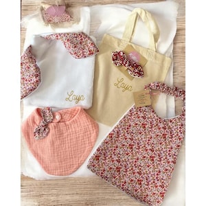 Several colors – Customizable Baby Birth Box – Birth gift – Bib, bandana bib, comforter, hair clip and tote bag