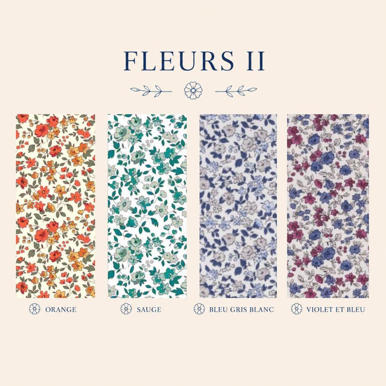 K&ouml;nnte beinhalten: Vier vertikale Stoffmuster mit der Aufschrift FLEURS II, die florale Muster in Orange und Gelb, Blaugr&uuml;n und Wei&szlig;, Blau und Grau sowie Violett und Blau zeigen. Jedes Muster zeigt einen dichten, sich wiederholenden botanischen Druck.