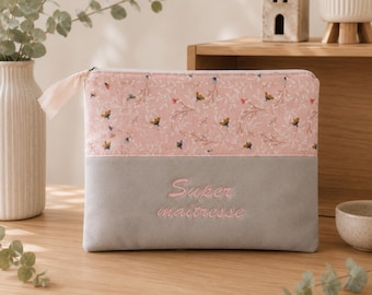 Estuche grande plano bordado Super Teacher – Gris