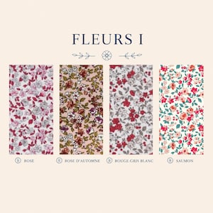 K&ouml;nnte beinhalten: Eine Darstellung mit dem Titel FLEURS I, die vier Stoffmuster mit Blumenmustern zeigt. Die Muster sind als ROSE, ROSE D'AUTOMNE, ROUGE GRIS BLANC und SAUMON beschriftet. Jedes Muster zeigt eine eigene Farbpalette in Rosa, Rot, Wei&szlig; und Gr&uuml;n.