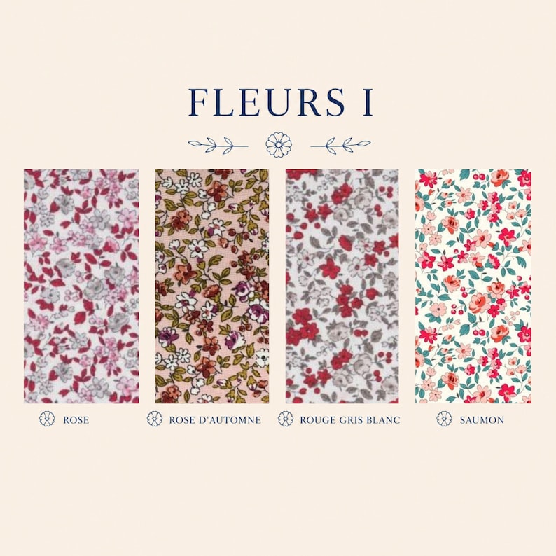K&ouml;nnte beinhalten: Eine Darstellung mit dem Titel FLEURS I, die vier Stoffmuster mit Blumenmustern zeigt. Die Muster sind als ROSE, ROSE D'AUTOMNE, ROUGE GRIS BLANC und SAUMON beschriftet. Jedes Muster zeigt eine eigene Farbpalette in Rosa, Rot, Wei&szlig; und Gr&uuml;n.