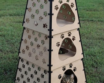 Happystack® Paw Print Cat Tower – 3-Level Stackable House, Laser Cut Wood