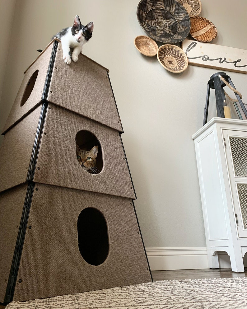 Cat Tree House Modern Cat Home Cat Tower Scratching Post Large or Small Cats Pet Furniture Multilevel Condo Square Happystack image 3