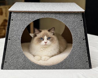 Gray Indoor Pet House for Cats and Small Dogs – Carpeted Hideaway Cozy Furniture