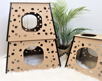 Cat Tower Wood Box Laser Cutouts Peek-a-boo Holes for Cat Play Sleep Hide | Paint Stain DIY Create your own Colors | Christmas Pet Gift Idea