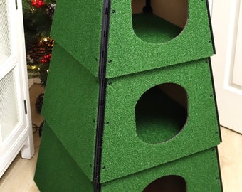 Cat House Patio Furniture Green Faux Artificial Grass Cat Tower Tree | Cat Box for Climbing Hiding Play Sleep | Outdoor Catio Pet Condo