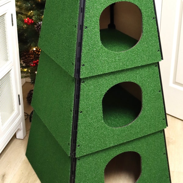 Cat House Patio Furniture Green Faux Artificial Grass Cat Tower Tree | Cat Box for Climbing Hiding Play Sleep | Outdoor Catio Pet Condo