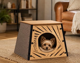 Tiny Dog House Yorkies, Chihuahuas, Small Cat, Kitten Hideaway - Tan Carpet, Laser Cut Wood