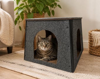 Black Carpeted Pet House for Cats and Small Dogs – 3 Door Indoor Hideaway with Solid Roof
