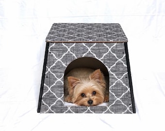 Small Dog House & Cat Hideaway – Gray Trellis Indoor Pet Bed