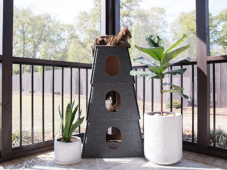 Cat Tree House Modern Cat Home Cat Tower Scratching Post Large or Small Cats Pet Furniture Multilevel Condo Square Happystack image 1