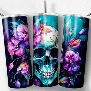 Purple Flowers and Skull 20 oz Skinny Tumbler Sublimation Design Straight & Tapered Floral Tumbler Wrap - Instant Digital PNG JPG Download