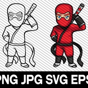 May include: A black and white line drawing of a ninja holding a sword, and a coloured version of the same image with a red ninja suit.
