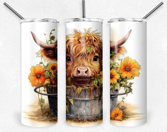 Highland Cow Tumbler Wrap Cute Baby Cow in Bucket 20 oz Skinny Tumbler Sublimation Designs - Instant Digital PNG JPG Download