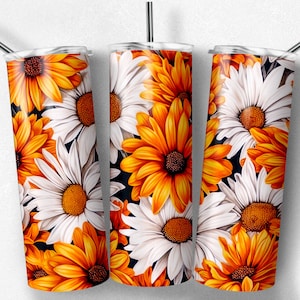 Daisy Tumbler Sublimation Design: Orange White Floral Wrap (Digital PNG JPG Download)