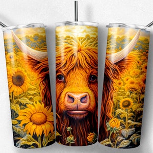 Sunflower Highland Cow Tumbler Wrap: Western Sublimation Design (Digital PNG JPG Download)
